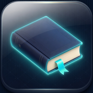 Principles Before Personalities app icon: a navy book with a glowing cyan bookmark ribbon