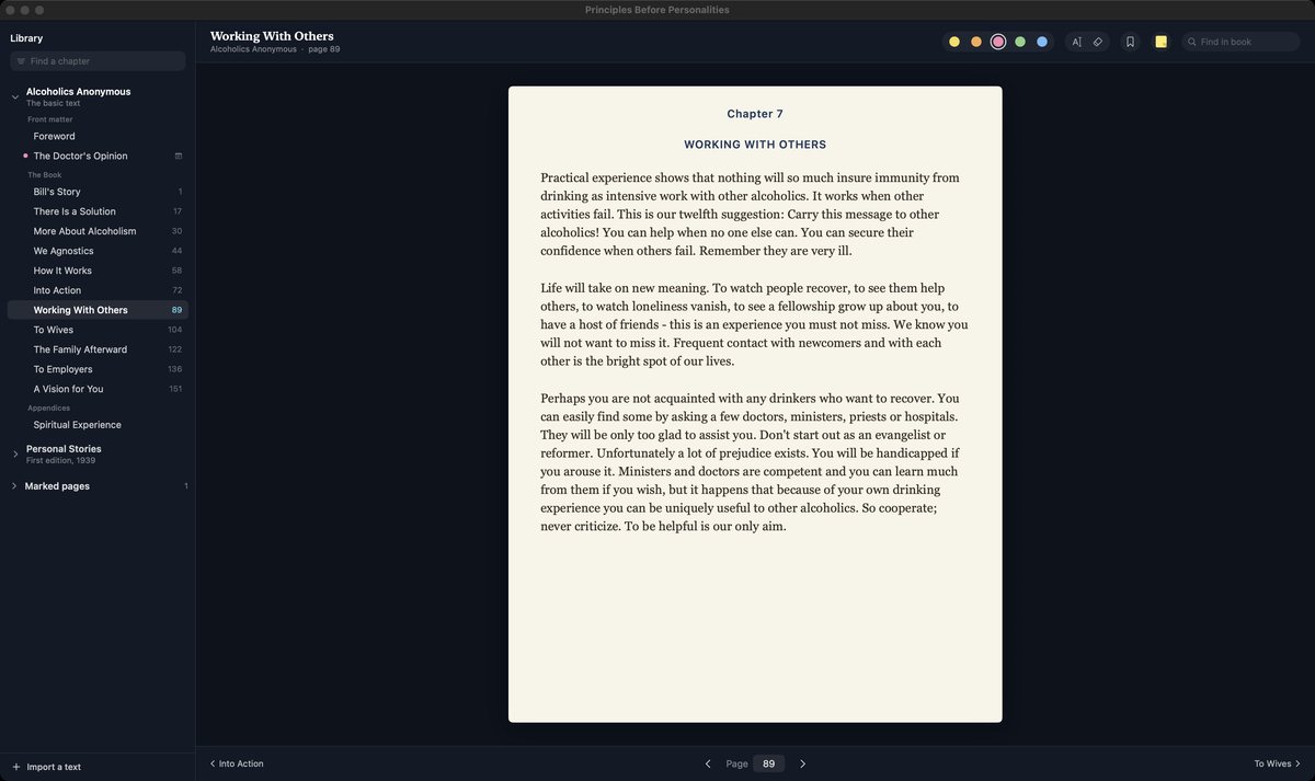 Screenshot of the Mac app. A library sidebar lists the chapters of Alcoholics Anonymous with their page numbers. The reading sheet shows Chapter 7, Working With Others, on page 89, with a highlighter color tray, bookmark and sticky-note buttons and a find-in-book field in the toolbar, and page navigation at the bottom.